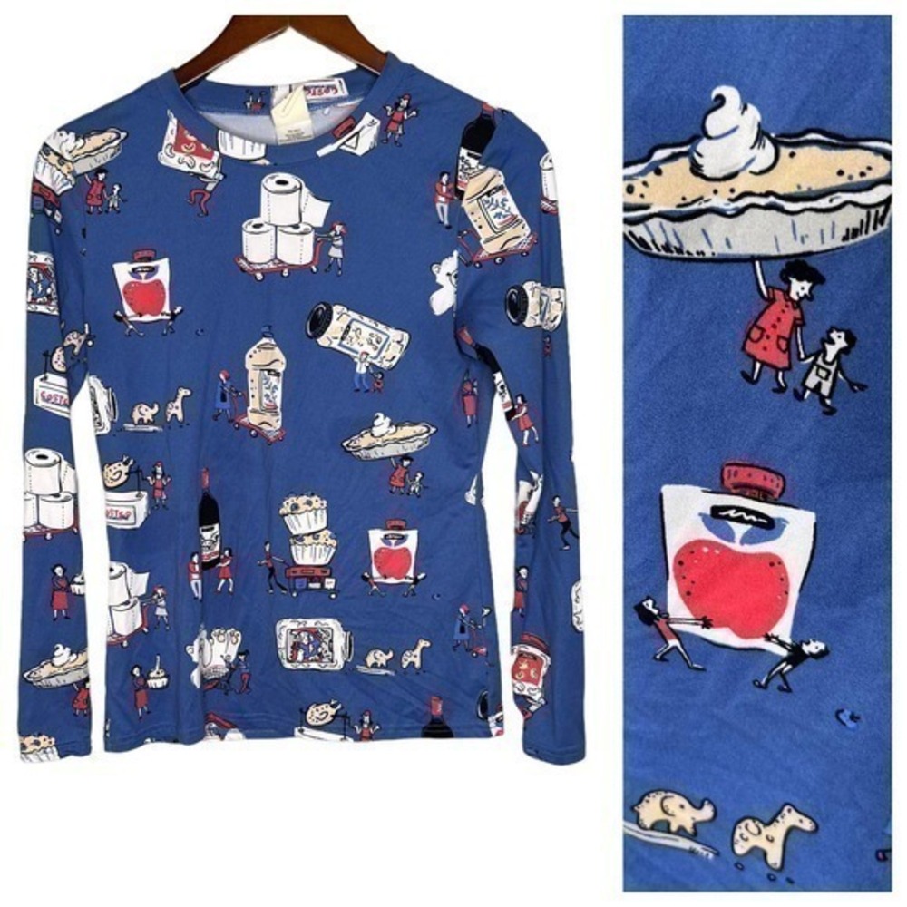 Munki munki blue graphic cartoon long sleeve pajama top pies food lounge size XS